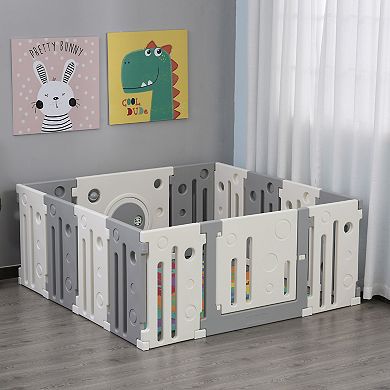 Indoor Multi-piece Kids Play Fence W/ Easy Safety Gate & Built-in Toys, Grey