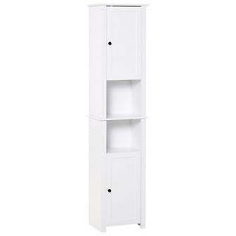 HOMCOM Tall Bathroom Storage Cabinet Freestanding Linen Tower with 2 tier Shelf and 2 cup oards Narrow Side Floor Organizer White