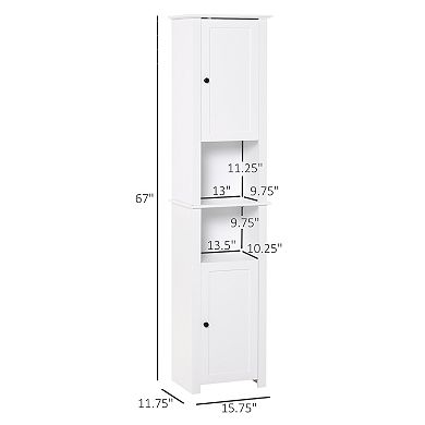 HOMCOM Tall Bathroom Storage Cabinet Freestanding Linen Tower with 2 Tier Shelf and 2 Cupboards Narrow Side Floor Organizer White