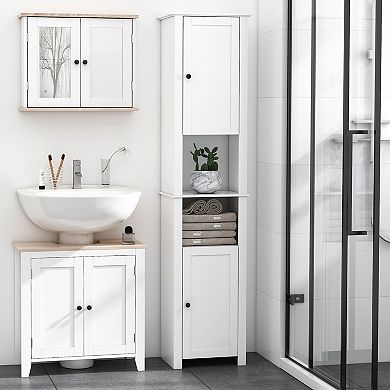 HOMCOM Tall Bathroom Storage Cabinet Freestanding Linen Tower with 2 Tier Shelf and 2 Cupboards Narrow Side Floor Organizer White