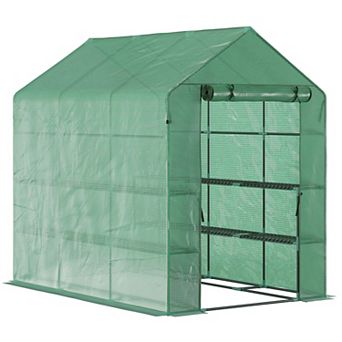 Outsunny 7' x 5' x 6' Walk-in Greenhouse, 3 tier Tunnel Greenhouse with Zipped Roll-up Door, PE Cover for Outdoor Garden Plant, Green