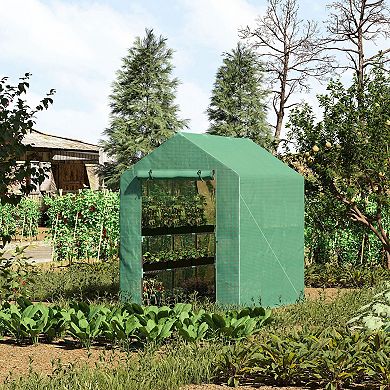 Outsunny 7' x 5' x 6' Walk-in Greenhouse, 3-Tier Tunnel Greenhouse with Zipped Roll-up Door, PE Cover for Outdoor Garden Plant, Green