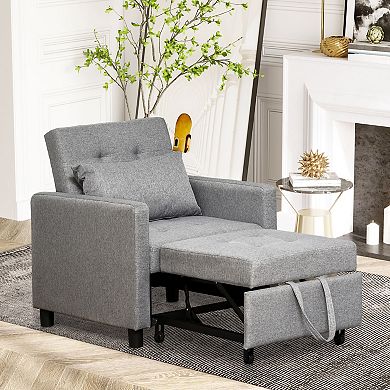 HOMCOM Convertible Sofa Lounger Chair Bed Multi Functional Sleeper Recliner with Tufted Upholstered Fabric Adjustable Angle Backrest and Pillow Grey
