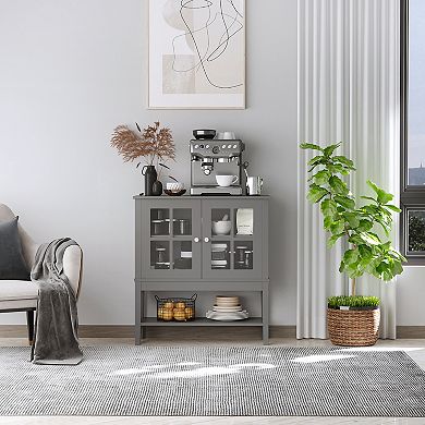 HOMCOM Kitchen Credenza and Sideboard Buffet Storage Cabinet with 2 Glass Doors and Storage Shelves White