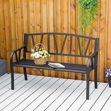 50.5" X 22" 2-person Garden Bench W/ Ergonomic Armrests & Slatted Seat Design