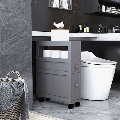 Homcom Narrow Bathroom Storage Cabinet With Rolling Wheels