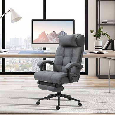 Vinsetto Executive Linen Feel Fabric Office Chair High Back Swivel Task Chair with Adjustable Height Upholstered Retractable Footrest Headrest and Padded Armrest Dark Grey