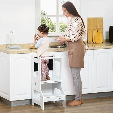 Qaba 2 in 1 Kids Kitchen Step Stool Detachable Toddler Table and Chair Set Toddler Step Stool with Safety Rail Chalkboard for Kitchen Bathroom Bedroom White