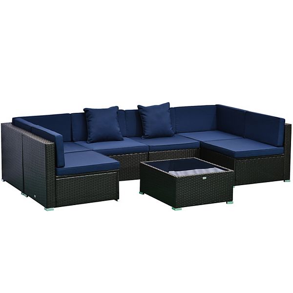 Outsunny 7 Piece Outdoor Patio Furniture Set with Modern Rattan Wicker - Navy (7)