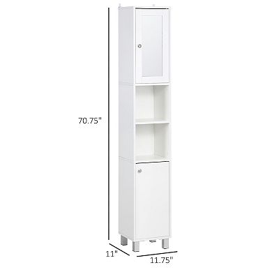 71" Wooden Tall Narrow Bathroom Floor Storage Towel Cabinet W/ Mirror, White