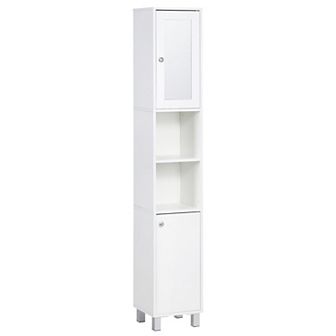 71" Wooden Tall Narrow Bathroom Floor Storage Towel Cabinet W/ Mirror, White