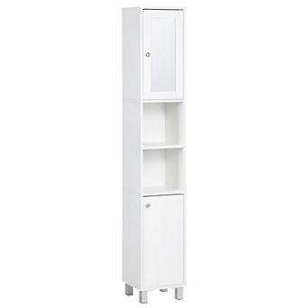 71" Wooden Tall Narrow Bathroom Floor Storage Towel Cabinet W/ Mirror, White