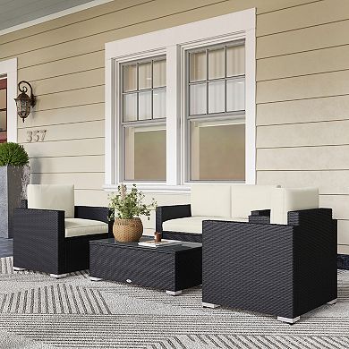 Outside Rattan Wicker Chair Loveseat Set For Patio W/ Glass Coffee Table, Brown