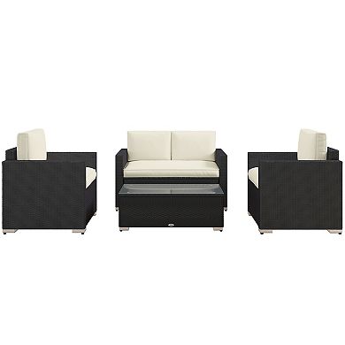 Outside Rattan Wicker Chair Loveseat Set For Patio W/ Glass Coffee Table, Brown