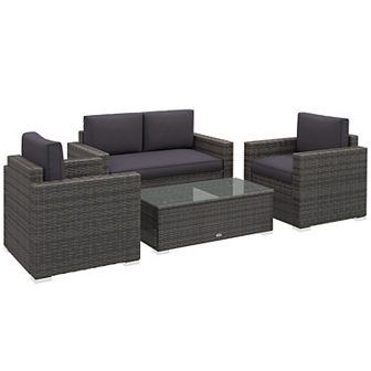 Outside Rattan Wicker Chair Loveseat Set For Patio W/ Glass Coffee Table, Brown
