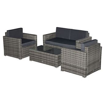 Outside Rattan Wicker Chair Loveseat Set For Patio W/ Glass Coffee Table, Brown