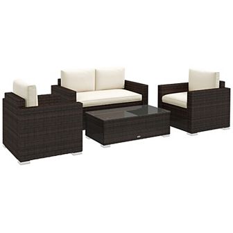 Outside Rattan Wicker Chair Loveseat Set For Patio W/ Glass Coffee Table, Brown