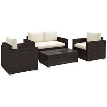 Outside Rattan Wicker Chair Loveseat Set For Patio W/ Glass Coffee Table, Brown