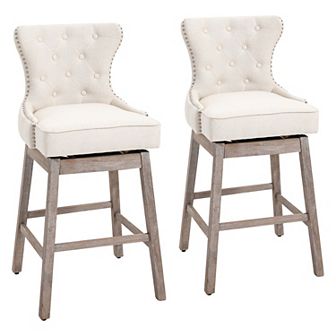 Vintage Pub Bar Stool 2 pc Set 180° Swivel Chair Footrest Rubber Wood Cream