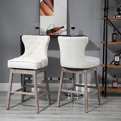 Vintage Pub Bar Stool 2pcs Set 180° Swivel Chair Footrest Rubber Wood Cream