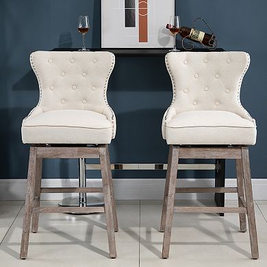 Vintage Pub Bar Stool 2pcs Set 180° Swivel Chair Footrest Rubber Wood Cream
