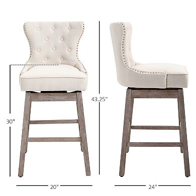 Vintage Pub Bar Stool 2pcs Set 180° Swivel Chair Footrest Rubber Wood Cream