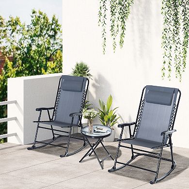 Outsunny 3 Piece Folding Rocking Chair Patio Table Set w/ 2 Rocking Chairs