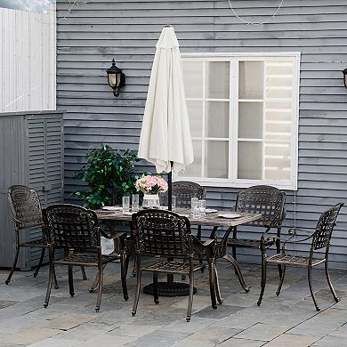 Outsunny 7 Piece Patio Dining Set Cast Aluminium Outdoor Furniture Set 6 Armchairs and Table with Umbrella Hole Bronze