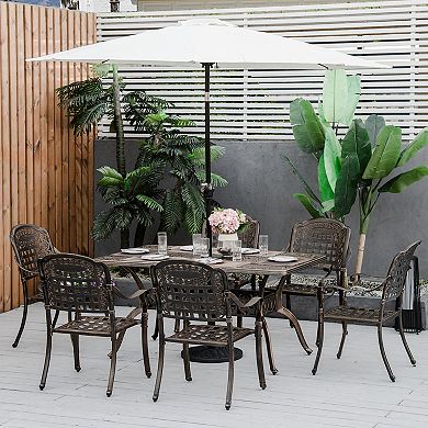 Outsunny 7 Piece Patio Dining Set Cast Aluminium Outdoor Furniture Set 6 Armchairs and Table with Umbrella Hole Bronze