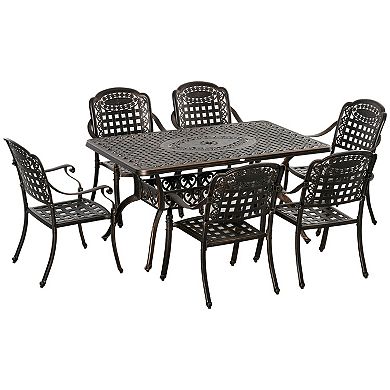Outsunny 7 Piece Patio Dining Set Cast Aluminium Outdoor Furniture Set 6 Armchairs and Table with Umbrella Hole Bronze