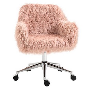Swivel Faux Fur Office Chair, Vanity Chair W/ Adjustable Height, Wheels, Pink