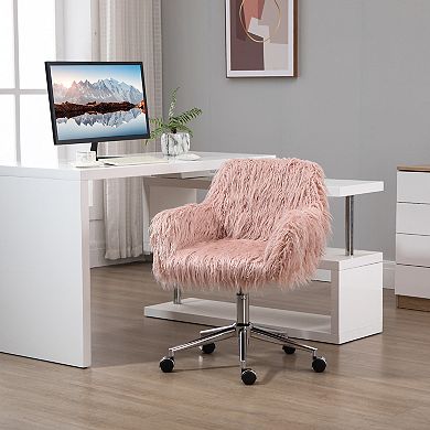 Swivel Faux Fur Office Chair, Vanity Chair W/ Adjustable Height, Wheels, Pink