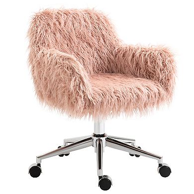 Swivel Faux Fur Office Chair, Vanity Chair W/ Adjustable Height, Wheels, Pink