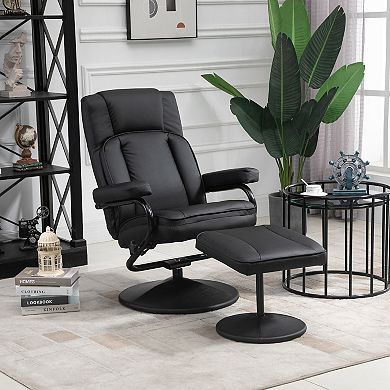 Faux Leather Recliner Chair, Living Room Swivel Chair W/ Ottoman Footrest, Black