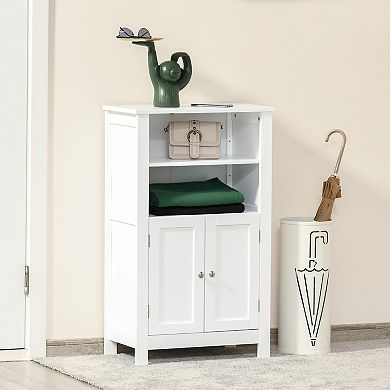 Bathroom Linen Storage Cabinet Freestanding Cupboard W/ Doors, Shelves, White