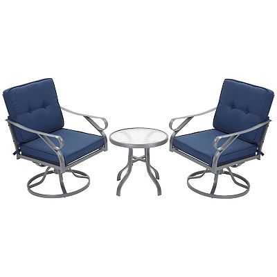 3pc Outdoor Patio Bistro Set 2 Swivel Rocking Chairs 1 Glass Table Blue