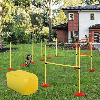 PawHut 4 piece Portable Pet Agility Training Obstacle Set for Dogs with Weave Pole Jumping Ring High Jump and Tunnel