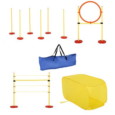 PawHut 4 piece Portable Pet Agility Training Obstacle Set for Dogs with Weave Pole Jumping Ring High Jump and Tunnel