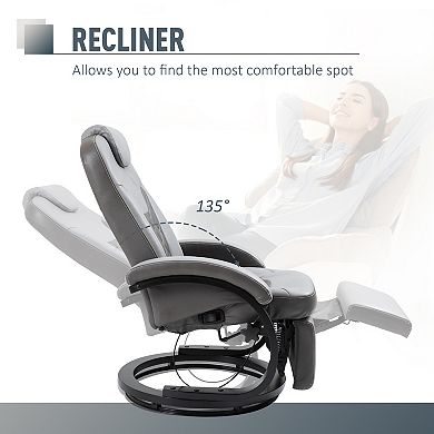 HOMCOM PU Recliner Reading Armchair with Footrest Headrest and Round Steel/Wood Base for Living Room or Office Grey
