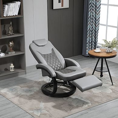 HOMCOM PU Recliner Reading Armchair with Footrest Headrest and Round Steel/Wood Base for Living Room or Office Grey