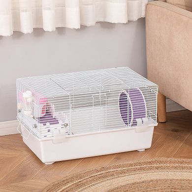 2 Tier Hamster Cage Gerbil Haven W/ Excise Wheel, Water Bottle, Hut, White