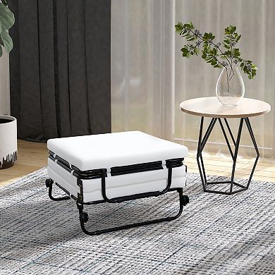 HOMCOM Portable Folding Bed Single Guest Bed Convertible Sleeper Ottoman with Wheels Mattress for Bedroom and Office Beige