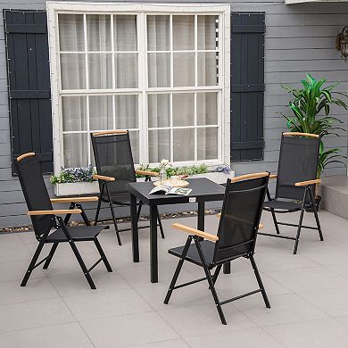 5pc Patio Outdoor Dining Set, 4 Reclining Folding Chairs, Dinner Table, Black