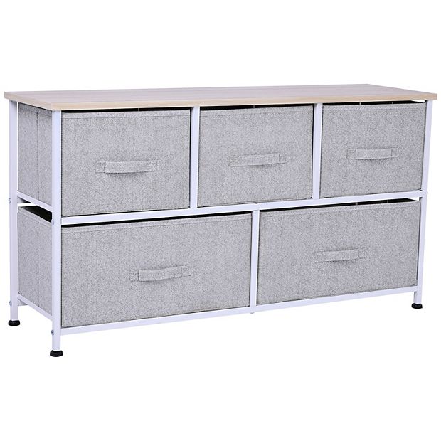 HOMCOM 40" L 5 Drawer Horizontal Storage Cube Dresser Unit Bedroom Organizer Livingroom Shelf Tower with Fabric Bins Grey