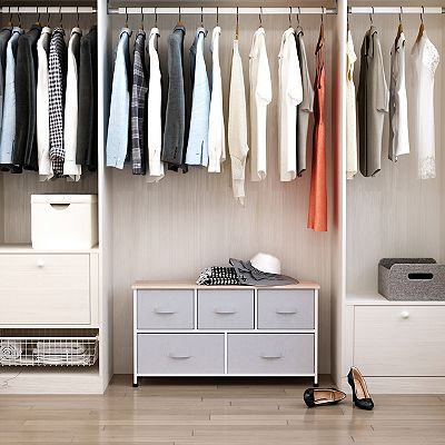 HOMCOM 40" L 5 Drawer Horizontal Storage Cube Dresser Unit Bedroom Organizer Livingroom Shelf Tower with Fabric Bins Grey