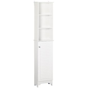 HOMCOM Tall Bathroom Storage Cabinet/Freestanding Linen Tower with 3 tier Open Adjustable Shelf and Cupboard White