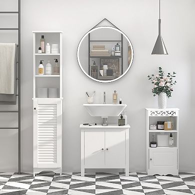 HOMCOM Tall Bathroom Storage Cabinet/Freestanding Linen Tower with 3 Tier Open Adjustable Shelf and Cupboard White