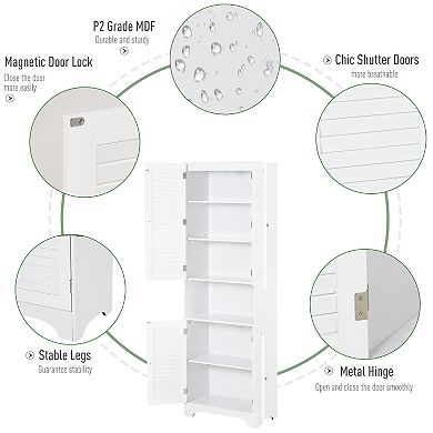 HOMCOM Tall Bathroom Storage Cabinet Freestanding Linen Tower with Adjustable Shelves and 2 Cupboards with Double Door Narrow Floor Organizer White
