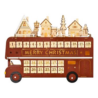Christmas Advent Calendar, Light Up Wooden Bus Decoration W/ Village & Drawers