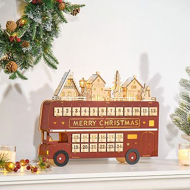 Christmas Advent Calendar, Light Up Wooden Bus Decoration W/ Village & Drawers
